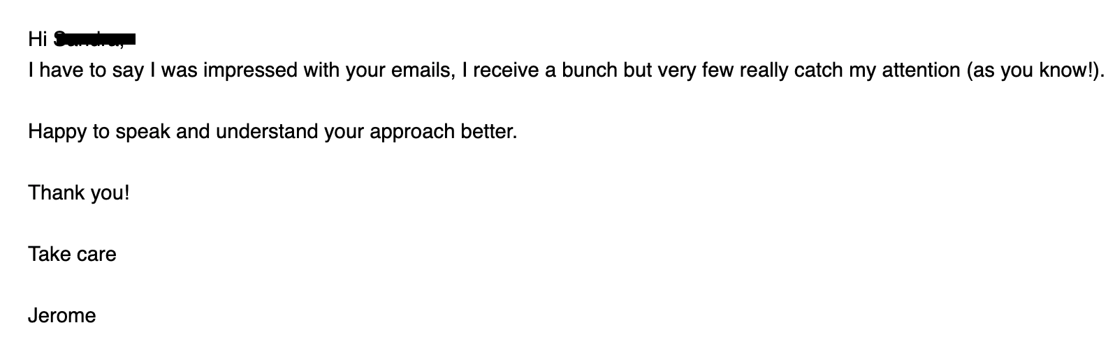 Reply email from Jerome praising the cold email approach