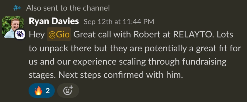 Slack message from Ryan Davies about a great call with RELAYTO